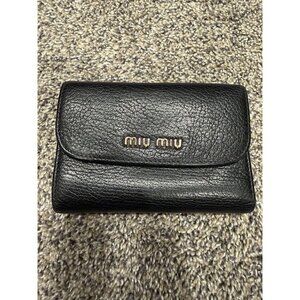 MIU MIU Black Leather Compact Wallet With Gold Hardwear EUC